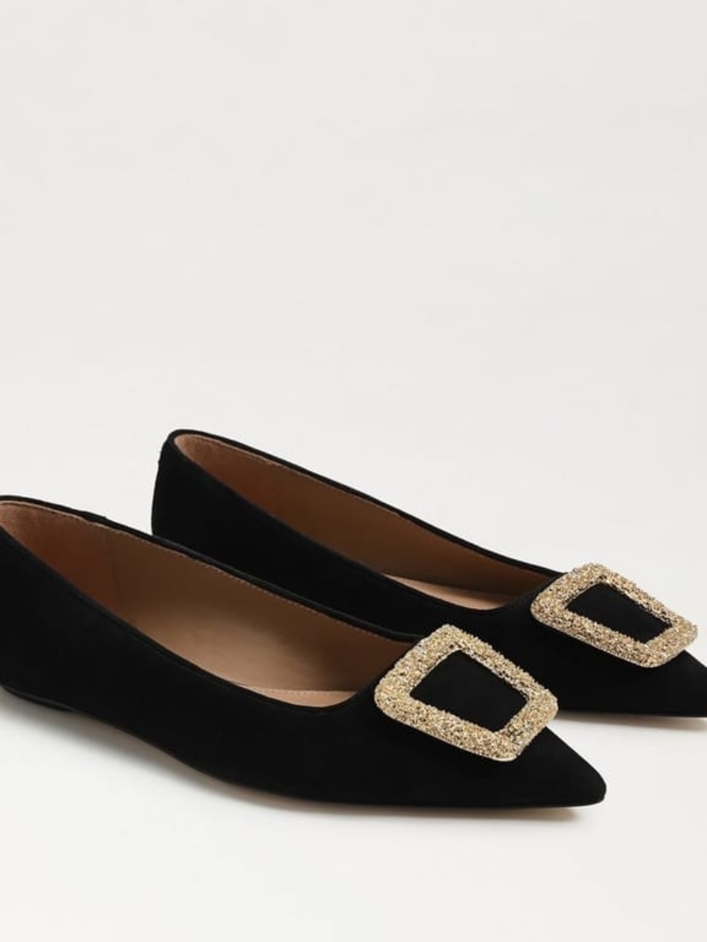 Sam Edelman Black Velvet Pointed Toe Flats with Gold Buckle